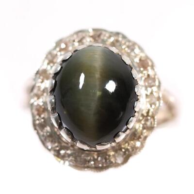 Sterling Diamond & Green Tigers Eye Ring, Size 7.5