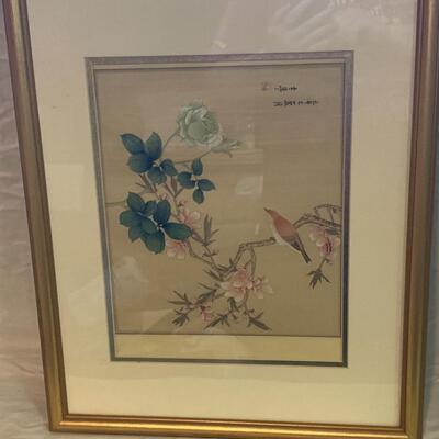Framed Asian Art - Bird, Flowers & Leaves 18â€ wide x 22.5â€ high approx