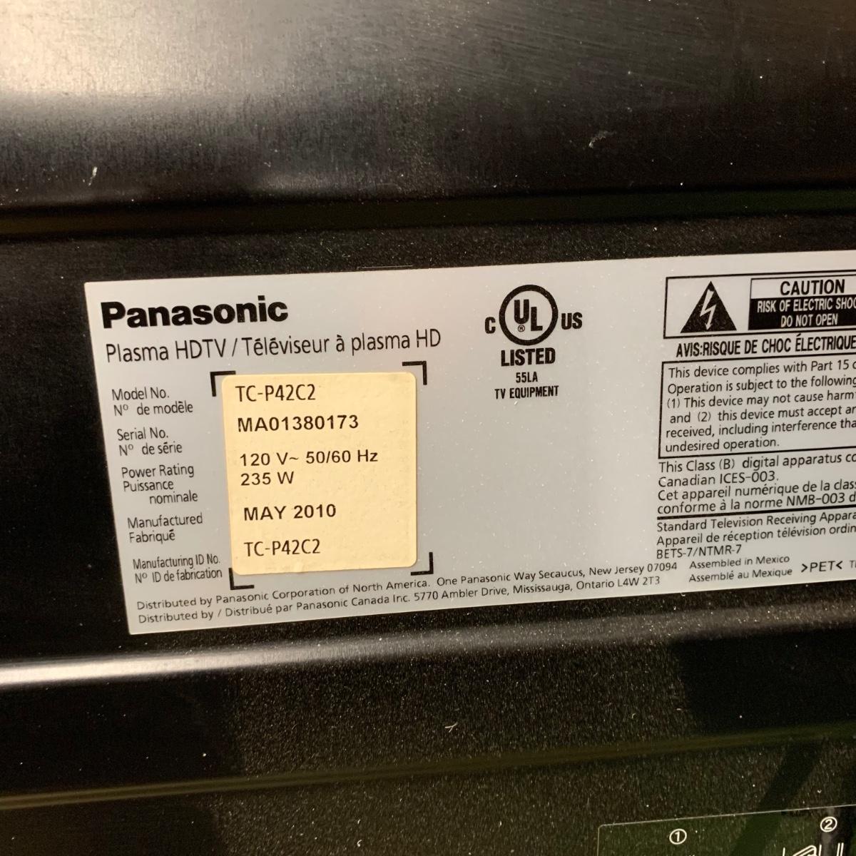 Panasonic 42” Plasma HDTV, Model No. TCP42C2 (TV Lot 9 DHS