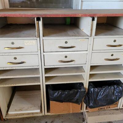 ANTIQUE METAL CABINET WITH DRAWERS & MORE