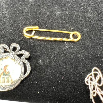 Novelty safety pin charms, picture brooch, sparkle chain