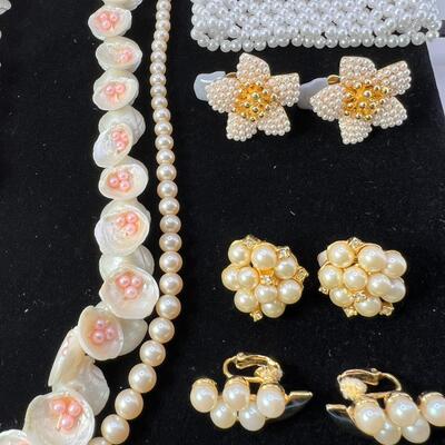 faux pearl woven bracelets, 3 pair faux pearl clip-on earrings 30