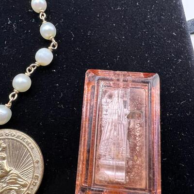 14K GF metal with pearl bracelet, Italian Cross, relic