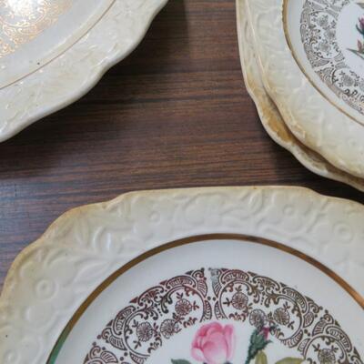 22 KT GOLD Harker China Pottery Plates LOT (7) USA Pink Floral Platter, Salad / Dessert