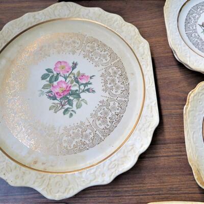 22 KT GOLD Harker China Pottery Plates LOT (7) USA Pink Floral Platter, Salad / Dessert