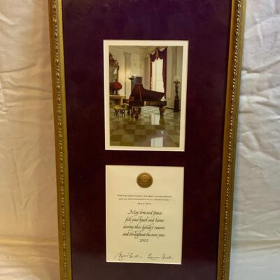 Signed Bush White House Christmas Holiday Card 10.5â€ wide x 20â€ high approx Framed - Signed George W. Bush & Laura Bush
