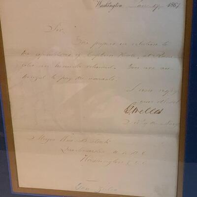 Gideon Welles Signed Letter 20.5”wide x 16.5”high- Abraham Lincoln’s Sec of Navy
