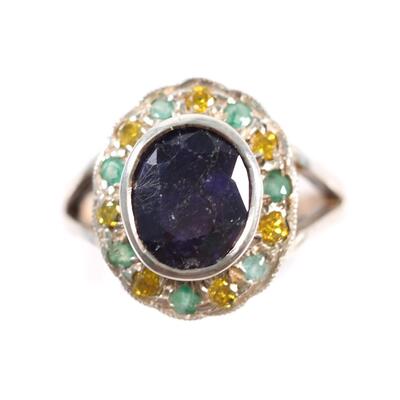 Custom Sterling Sapphire & Yellow Diamond Ring, Size 6