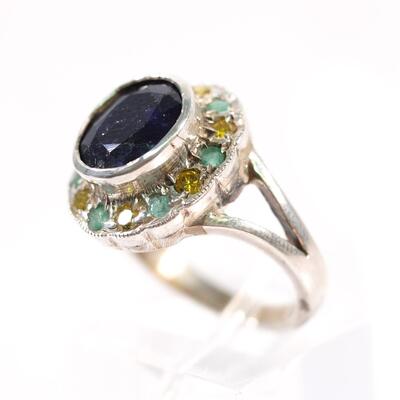 Custom Sterling Sapphire & Yellow Diamond Ring, Size 6