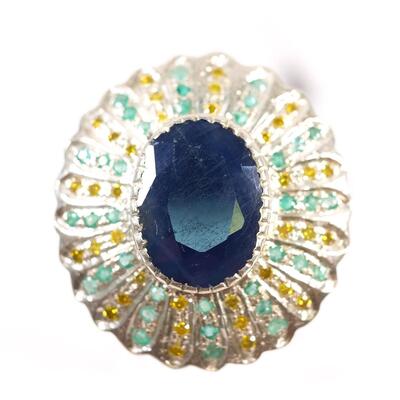 Custom Chunky Sterling Sapphire & Yellow Diamond Ring, Size 7