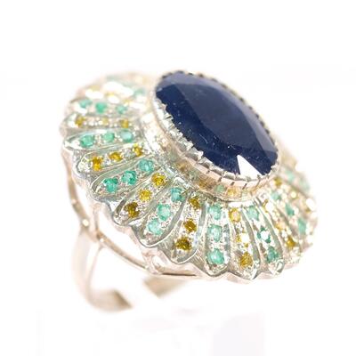 Custom Chunky Sterling Sapphire & Yellow Diamond Ring, Size 7