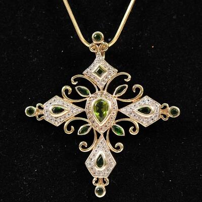 Sterling Gold Tone Emerald Cross Pendant Necklace
