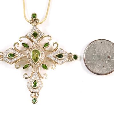 Sterling Gold Tone Emerald Cross Pendant Necklace