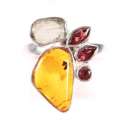 Sterling Amber, Garnet & Moldavite Ring, Size 9.25
