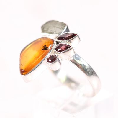 Sterling Amber, Garnet & Moldavite Ring, Size 9.25