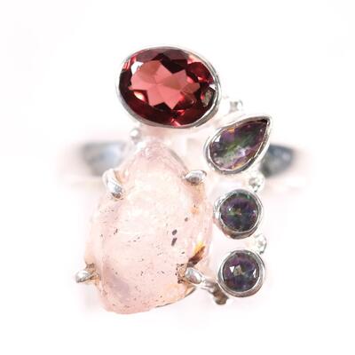 Sterling Pink Quartz, Tourmaline & Garnet Ring, Size 9.5
