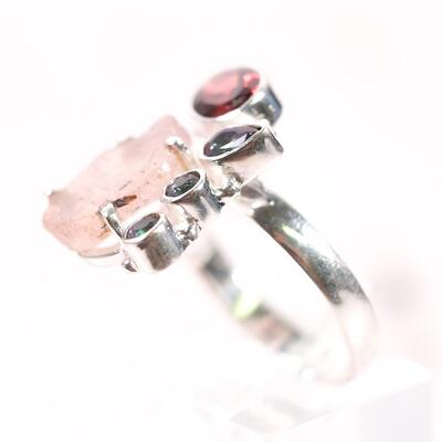 Sterling Pink Quartz, Tourmaline & Garnet Ring, Size 9.5
