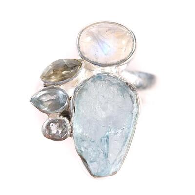 Sterling Topaz, Aqua & Moonstone Ring, Size 7