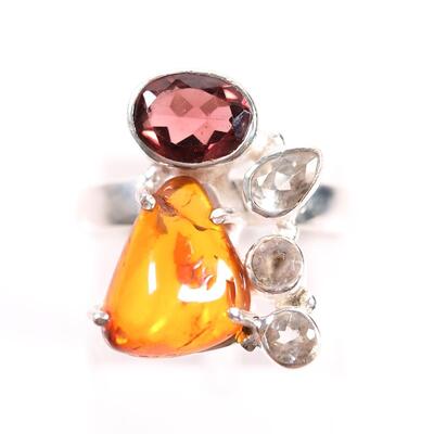 Sterling Amber, Garnet & Quartz Ring, Size 7