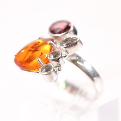 Sterling Amber, Garnet & Quartz Ring, Size 7