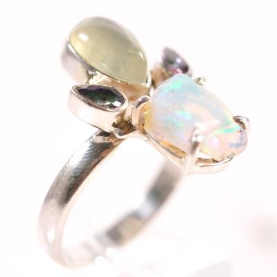 Sterling Opal & Tourmaline Ring, Size 9.5