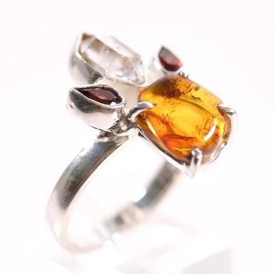 Sterling Amber, Quartz & Garnet Ring, Size 8.25