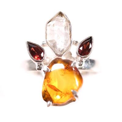 Sterling Amber, Quartz & Garnet Ring, Size 8.25