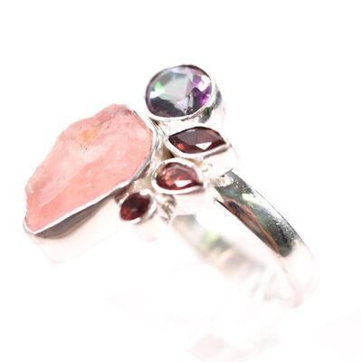 Sterling Pink Quartz, Garnet & Tourmaline Ring, Size 8.25