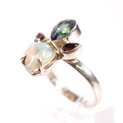 Sterling Opal, Tourmaline & Garnet Ring, Size 9.5