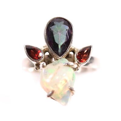 Sterling Opal, Tourmaline & Garnet Ring, Size 9.5