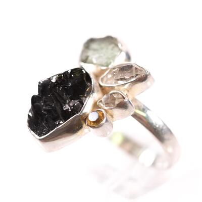 2 PC Sterling Moldavite & Shungite Pendant and Ring, size 9.25