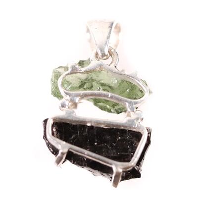 2 PC Sterling Moldavite & Shungite Pendant and Ring, size 9.25