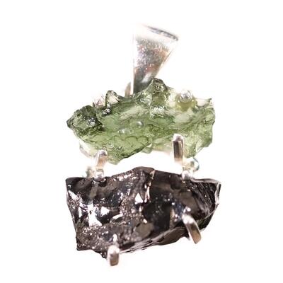 2 PC Sterling Moldavite & Shungite Pendant and Ring, size 9.25