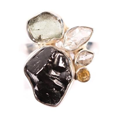2 PC Sterling Moldavite & Shungite Pendant and Ring, size 9.25