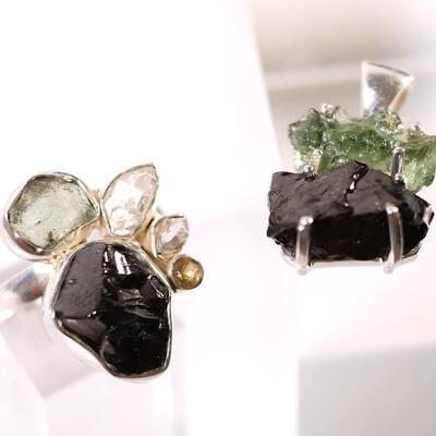2 PC Sterling Moldavite & Shungite Pendant and Ring, size 9.25