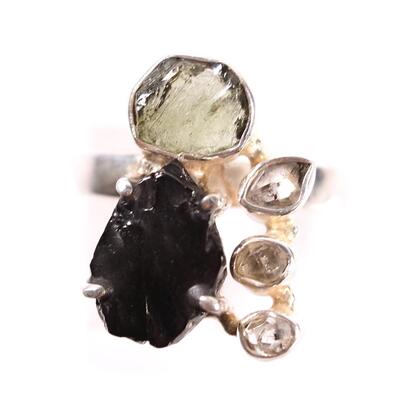 2 PC Sterling Moldavite & Shungite Pendant and Ring, Size 9