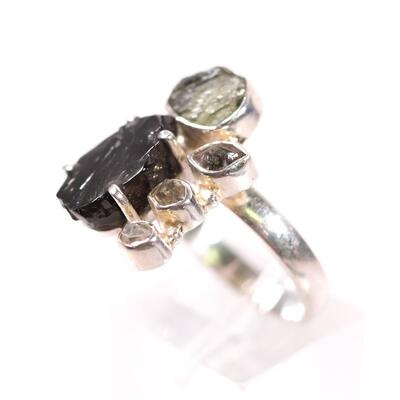 2 PC Sterling Moldavite & Shungite Pendant and Ring, Size 9