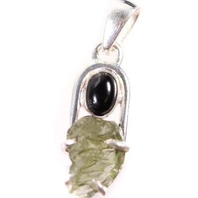 2 PC Sterling Moldavite & Shungite Pendant and Ring, Size 9