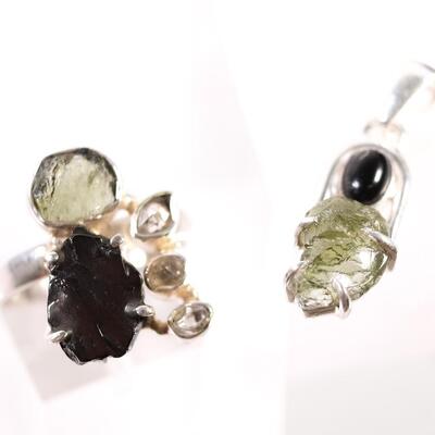 2 PC Sterling Moldavite & Shungite Pendant and Ring, Size 9