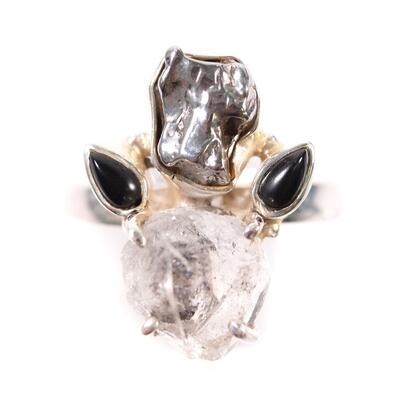 2 Pc Sterling Quartz, Meteorite & Garnet Ring and Pendant, Size 9