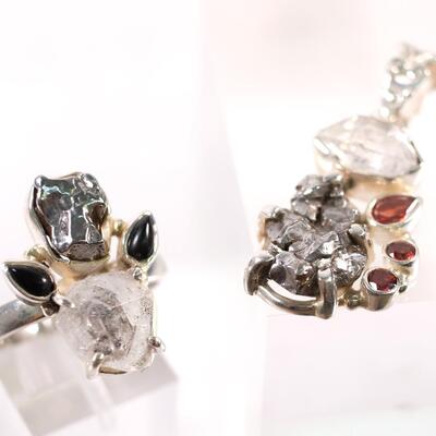 2 Pc Sterling Quartz, Meteorite & Garnet Ring and Pendant, Size 9