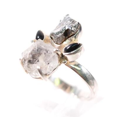 2 Pc Sterling Quartz, Meteorite & Garnet Ring and Pendant, Size 9