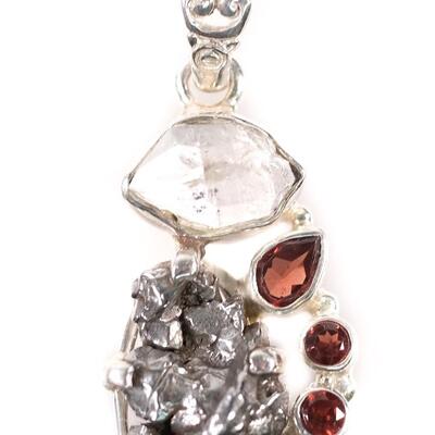 2 Pc Sterling Quartz, Meteorite & Garnet Ring and Pendant, Size 9