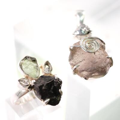 2 PC Sterling Moldavite, Meteorite and Shungite Pendant & Ring, Size 7.5