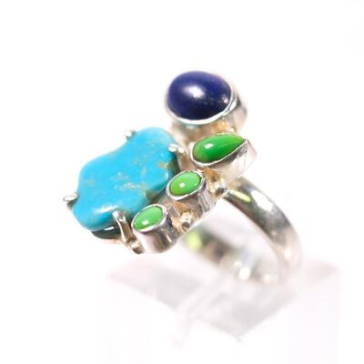 2 PC Sterling Turquoise, Gaspeite and Lapis Pendant & Ring, Size 6