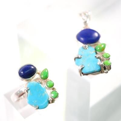 2 PC Sterling Turquoise, Gaspeite and Lapis Pendant & Ring, Size 6