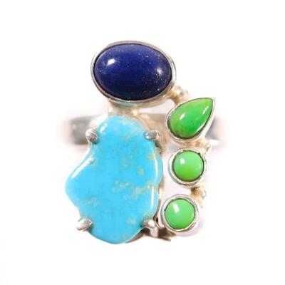 2 PC Sterling Turquoise, Gaspeite and Lapis Pendant & Ring, Size 6