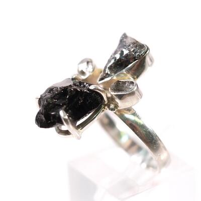 2 PC Sterling Moldavite, Shungite and Meteorite Pendant & Ring, Size 7.5