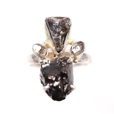 2 PC Sterling Moldavite, Shungite and Meteorite Pendant & Ring, Size 7.5