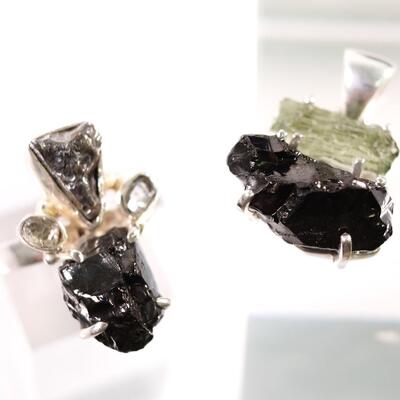 2 PC Sterling Moldavite, Shungite and Meteorite Pendant & Ring, Size 7.5